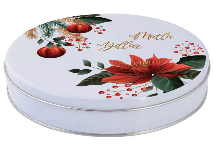 Yılbaşı Temalı Beyaz Yuvarlak Metal Kutu | 360 Adet