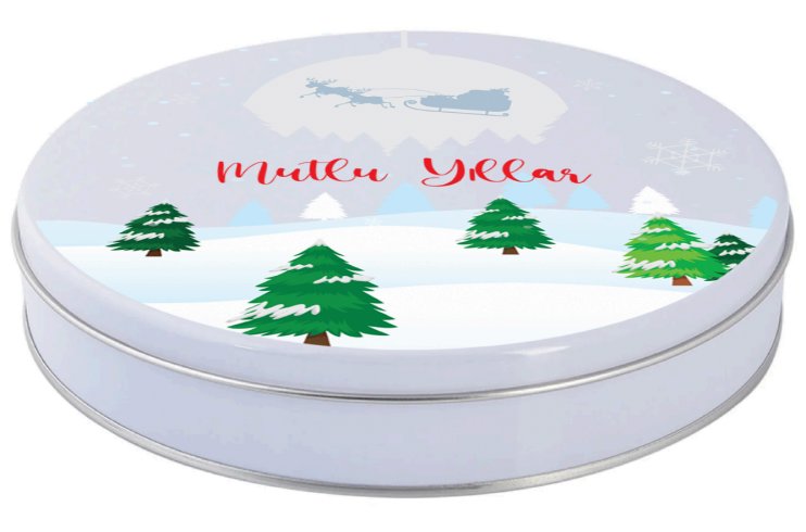 Yılbaşı Temalı Beyaz Yuvarlak Metal Kutu | 360 Adet