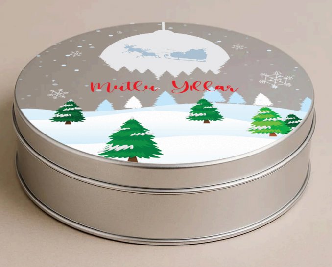 Yılbaşı Temalı Gümüş Yuvarlak Metal Kutu | 432 Adet